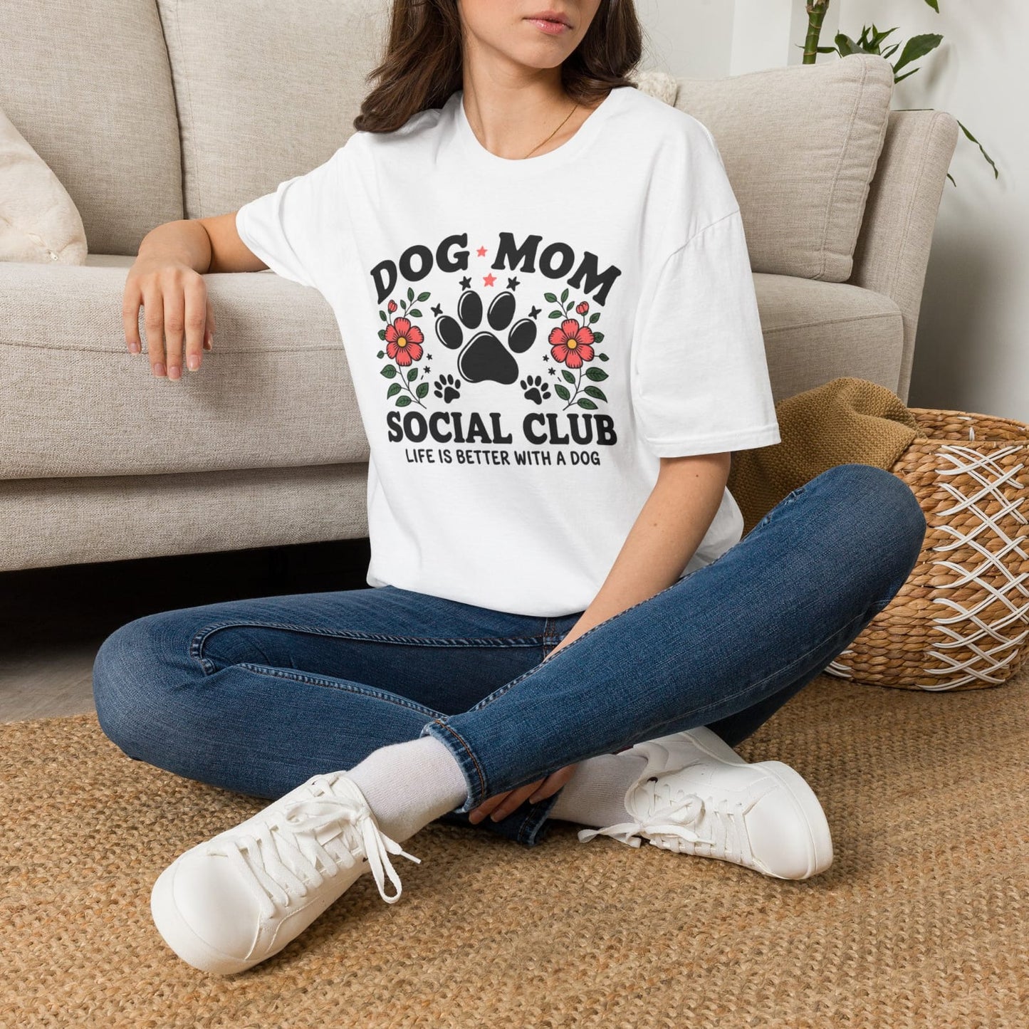 Dog Mom Social Club T-shirt | Paw Print Floral Design