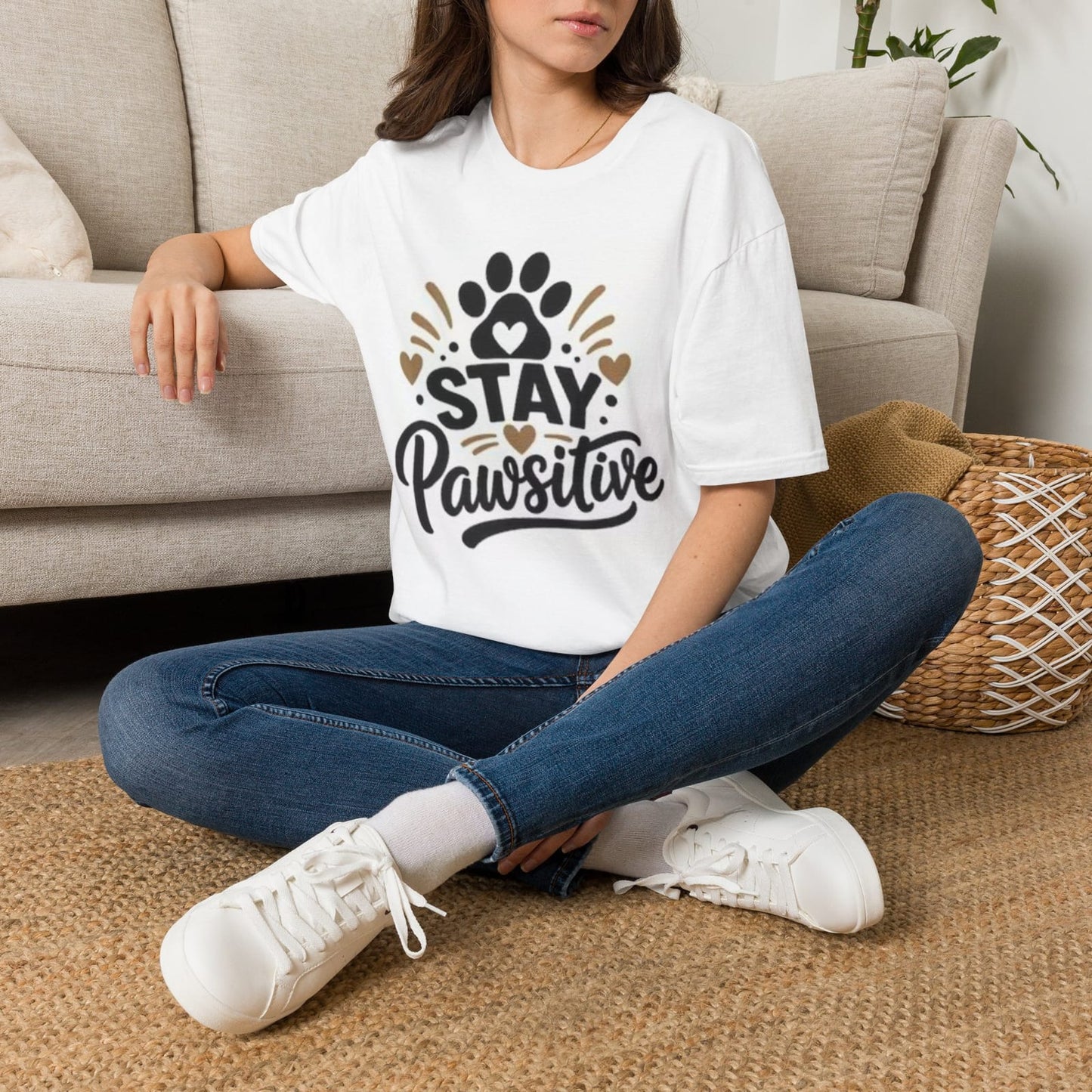 Stay Pawsitive paw print design T-shirt | Dog lover tee