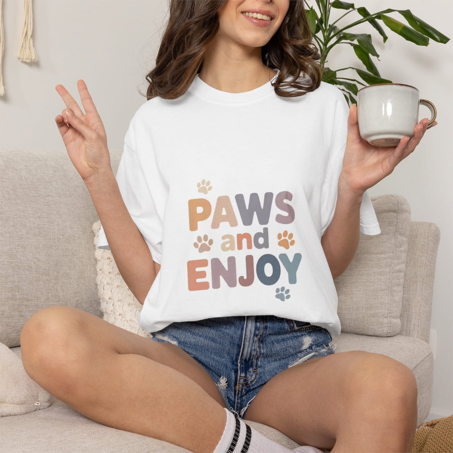 Paws and Enjoy T-Shirt | Paw Print Typography Tee, Pet Lover Shirt